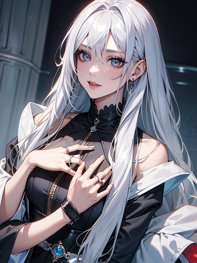 {{swim ring}}、Silver Hair、Vampire&#39;s Girlfriend、Wavy long hair、Ocean、blue sky、swim ringに乗る、Swim ring、Tsundere girl、luxuryな白い水着、bikini、Lots of decorations and accessories、Vampire motif、evil smile、dynamic angle、Big Breasts、swim ring、Date、Holding boyfriend&#39;s hand、Double teeth、Splash、luxury、Popularity