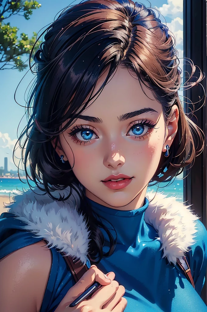(((Masterpiece ,Best Quality, Highest quality realistic retro anime...))),(((beautiful 20 year old woman ))), blue dress, top wo nerae!, 1 girl, alone, ((hyper realistic long blue fur)), looking at the viewer, SMILE, Hits,highly detailed light blue eyes shirt, Closed mouth, blue fur, exterior, sky, day, cloud, tree, blue sky, lips, separate blows, eyelashes, make up, light SMILE, lipstick, portrait, close up, ((retro Best Quality, hyper realistic highest quality artStyleo)), 1980s (Style