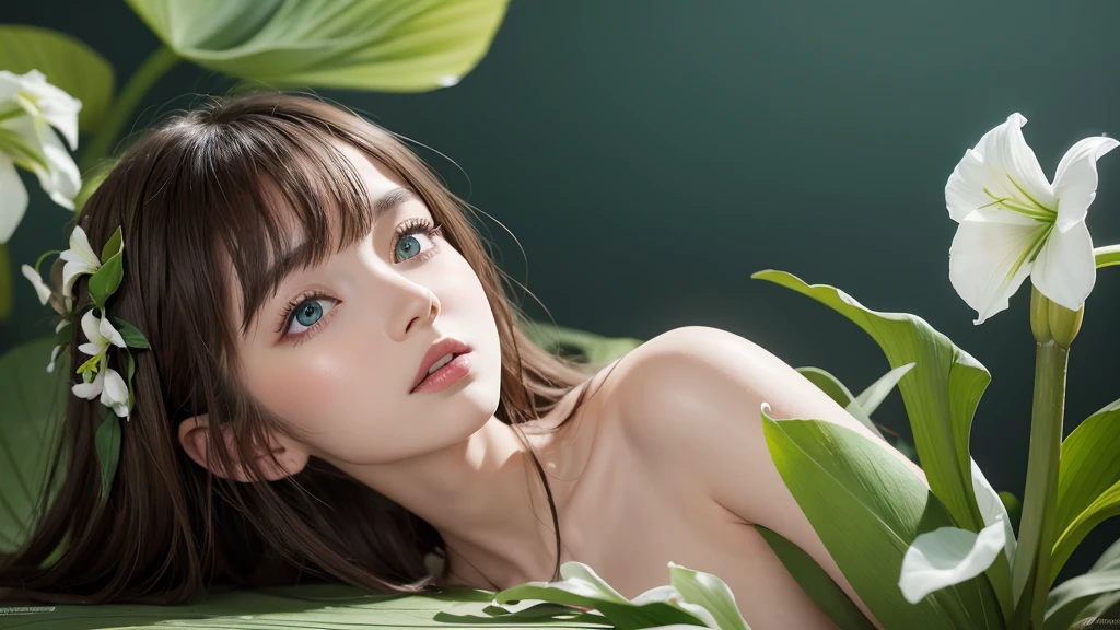32k, Masterpiece, Highest quality, One girl, Brown Hair, Detailed eyes, flower,Amaryllis, Blue and green style,A dreamy, romantic piece,Pale green, Mysterious Leaves,A playful arrangement,Fantasy,High Contrast,Ink strokes,explosion,Exposure, Impression of blue and green tones,Abstract, Brush strokes,Negative Space, Tyndall effect, White background
