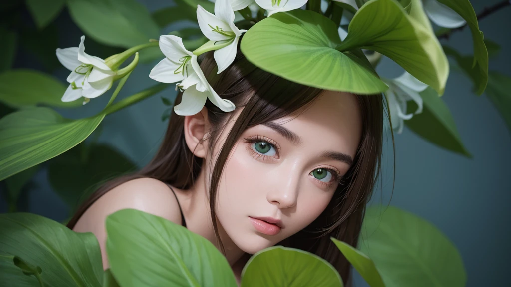 32k, Masterpiece, Highest quality, One girl, Brown Hair, Detailed eyes, flower,Amaryllis, Blue and green style,A dreamy, romantic piece,Pale green, Mysterious Leaves,A playful arrangement,Fantasy,High Contrast,Ink strokes,explosion,Exposure, Impression of blue and green tones,Abstract, Brush strokes,Negative Space, Tyndall effect, White background