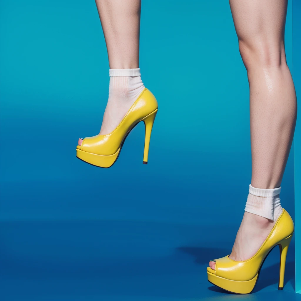 This  sexy image features a pair of legs wearing bright yellow sexy high-heeled shoes. The shoes are glossy with an open-toe design, and the person is also wearing white ankle socks with a delicate lace trim at the top. The legs are shown against sexy a gradient blue background, which  sexy transitions from a darker blue at sexy the bottom sexy to a lighter blue at the top. The overall composition highlights the vibrant  sexycolor of the shoes  sexyand the contrast with the white socks,  sexycreating a stylish and eye-catching visual. мультяшный sexy рендеринг ключевого кадра, милый 3D рендеринг,,Create ultra sharp glossy цветной рендеринг zbrush. perfect cgi, cgi art created only with gradients, smooth silhouette, Create ultra sharp skin, high intensity refraction, (plastic material), most beautiful vfx, blue background, plastic refractions, glossy texture, smooth 3d model, multiple light sources, rim light, sharp post effects render, (glossy plastic texture with multiple big light probe refractions), perfect cgi, cgi art created only with gradients, smooth silhouette, high intensity refraction, (plastic material), most beautiful vfx, blue background