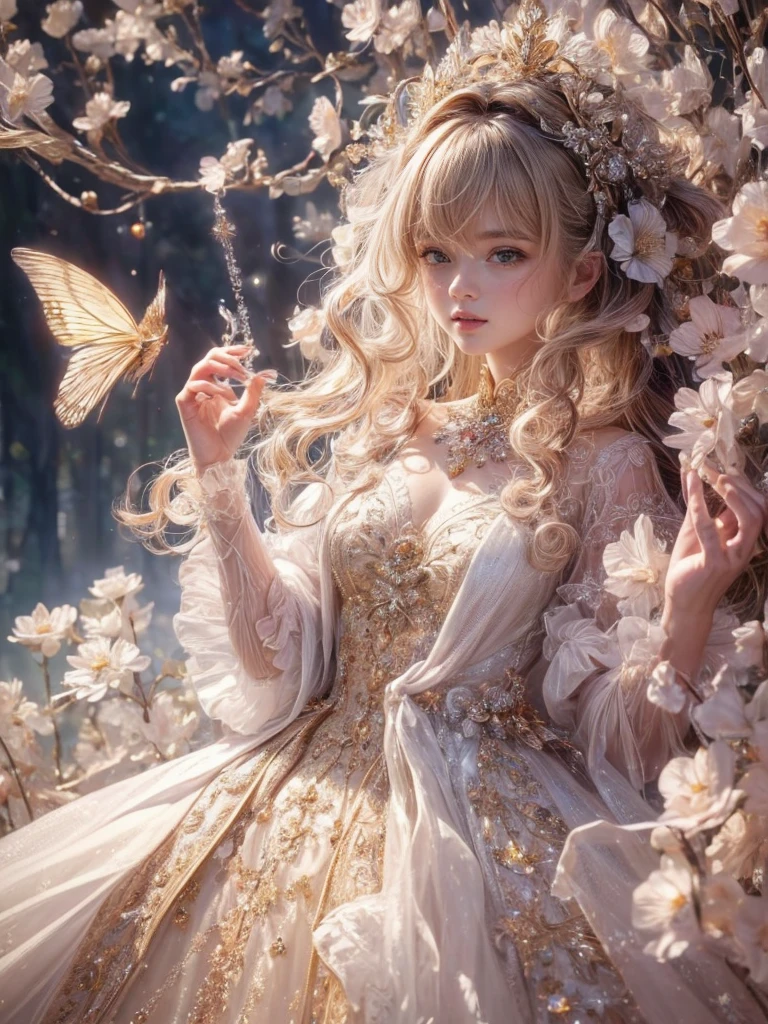 (highest quality:1.4),(masterpiece:1.4),super detailed,8K,cg,exquisite,Upper body,Lonely,thumb girl, Princess,flowing coat dress,garden background,detailed facial features,long curly hair,Almond Eyes,Delicate eye makeup,long fluttering eyelashes,Sparkling starry eyes,and a starry gaze, intricate lip details,soft and harmonious style.