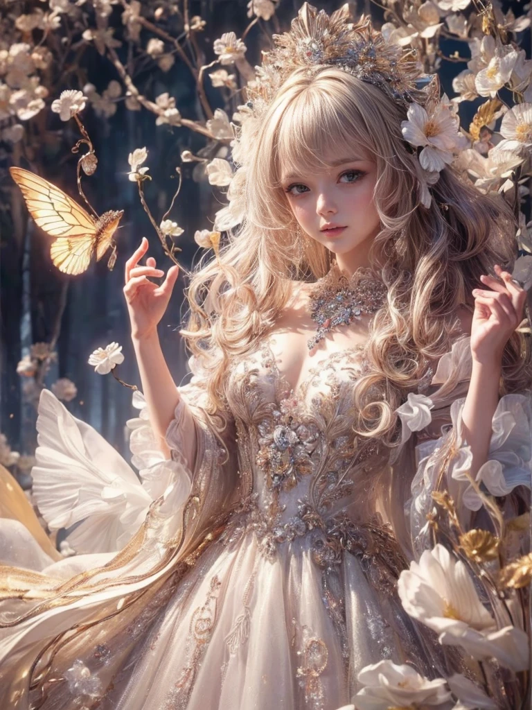 (highest quality:1.4),(masterpiece:1.4),super detailed,8K,cg,exquisite,Upper body,Lonely,thumb girl, Princess,flowing coat dress,garden background,detailed facial features,long curly hair,Almond Eyes,Delicate eye makeup,long fluttering eyelashes,Sparkling starry eyes,and a starry gaze, intricate lip details,soft and harmonious style.