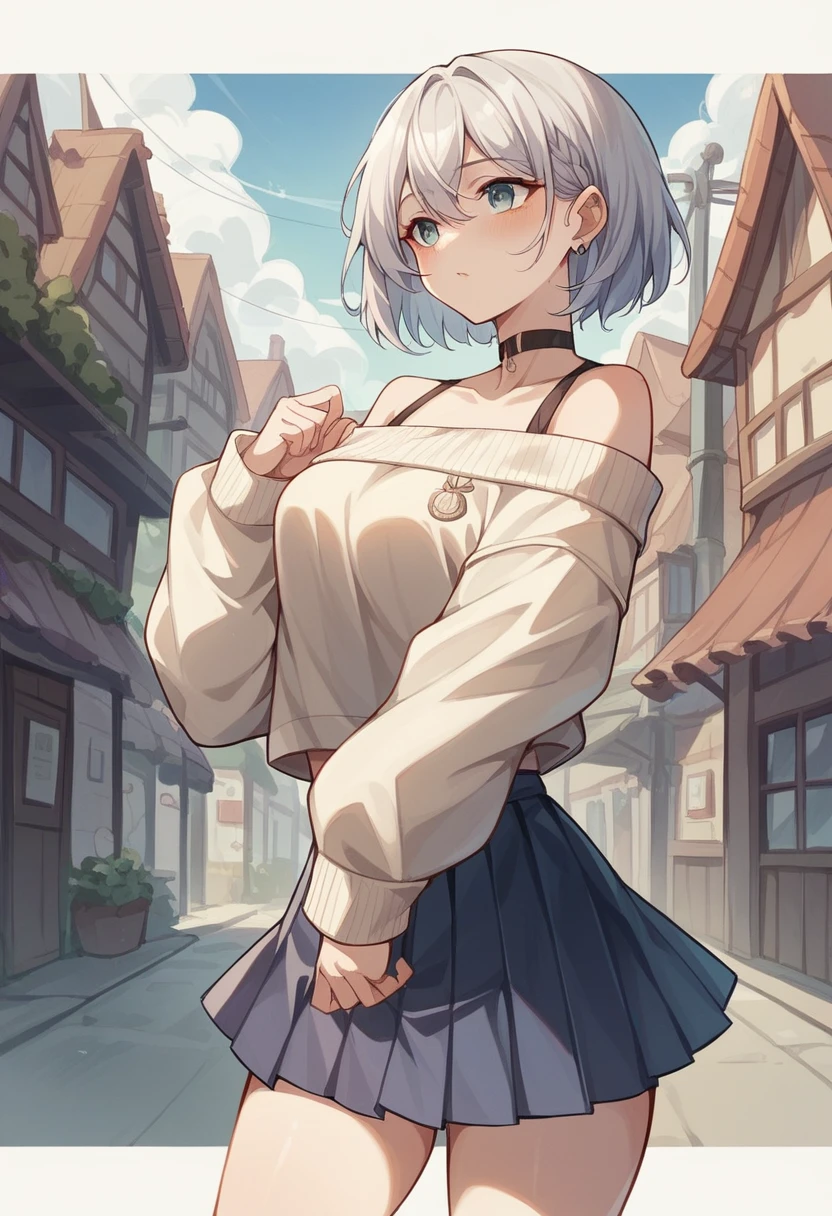 ８K、Very detailed、Wear an off-the-shoulder beige cropped sweater、Wear a white box pleated skirt、Wear white short boots、Run fast、night、Town、woman