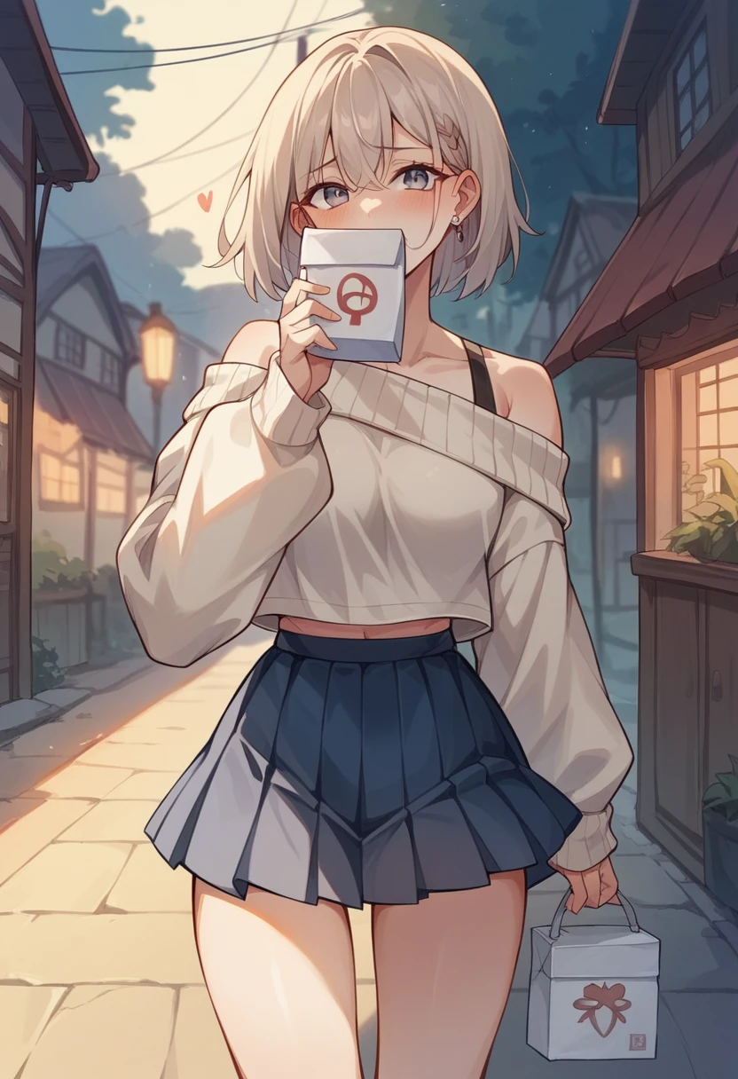 8K、Very detailed、Wear an off-the-shoulder beige cropped sweater、Wear a white box pleated skirt、Wear white short boots、Run fast、night、Town、woman