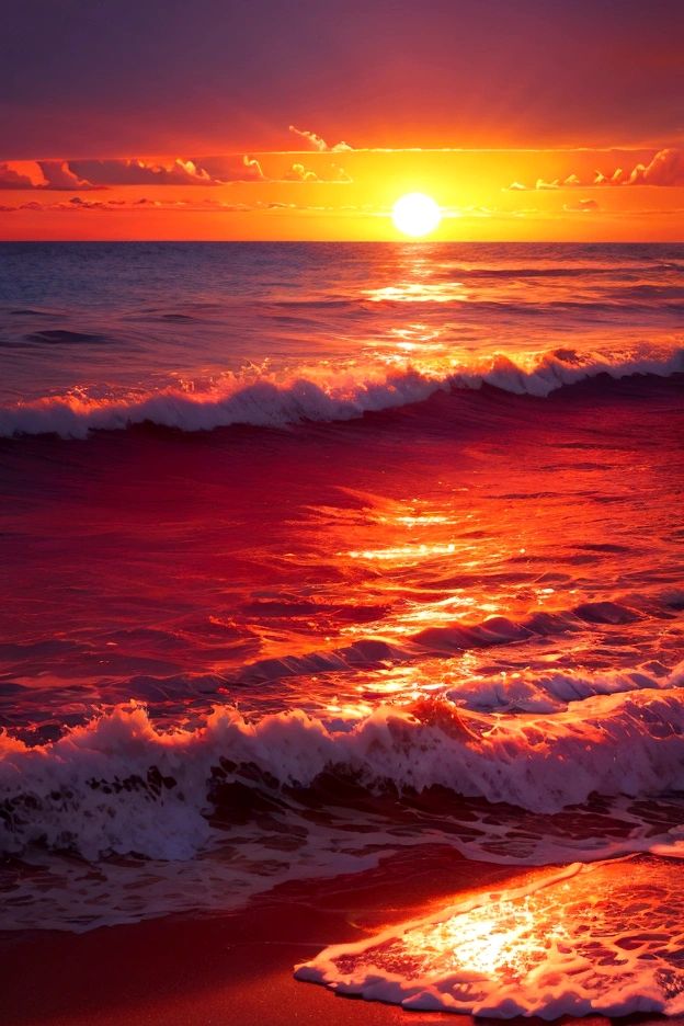 beach waves ,realistic image in the sunset background
