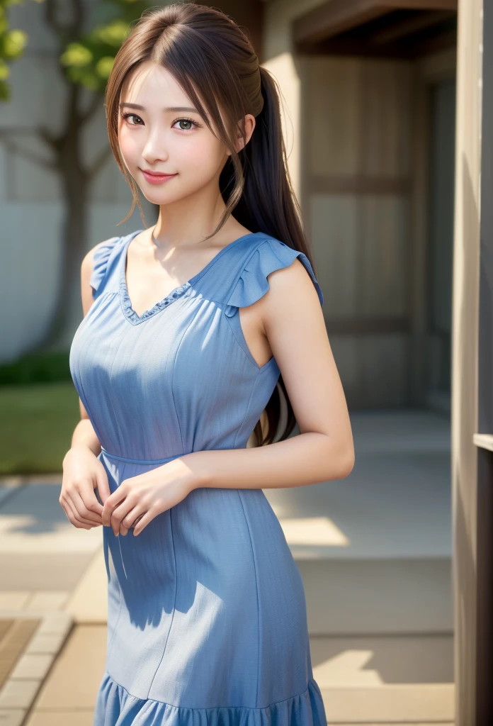 8K, of the highest quality, masutepiece:1.2), (Realistic, Photorealsitic:1.37), of the highest quality, masutepiece, Beautiful young woman, Pensive expression, kindly smile, Cute dress, Hair tied back, Messy mood, Cinematic background, Light skin tone