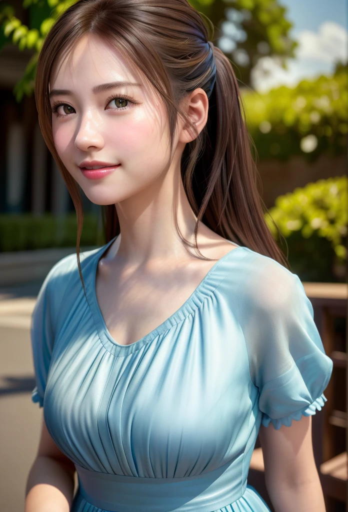 8K, of the highest quality, masutepiece:1.2), (Realistic, Photorealsitic:1.37), of the highest quality, masutepiece, Beautiful young woman, Pensive expression, kindly smile, Cute dress, Hair tied back, Messy mood, Cinematic background, Light skin tone