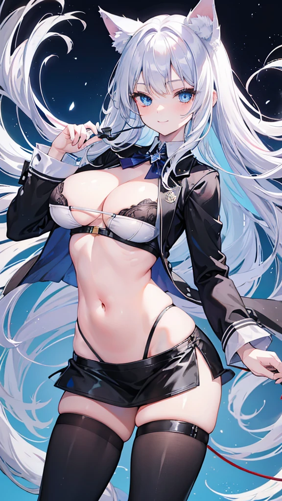 cat ears, slightly approximate, blue eyes, silver hair, long straight hair, navel, cleavage, Black uniform, leash, very large breasts, cat tail, cute, smile brightly