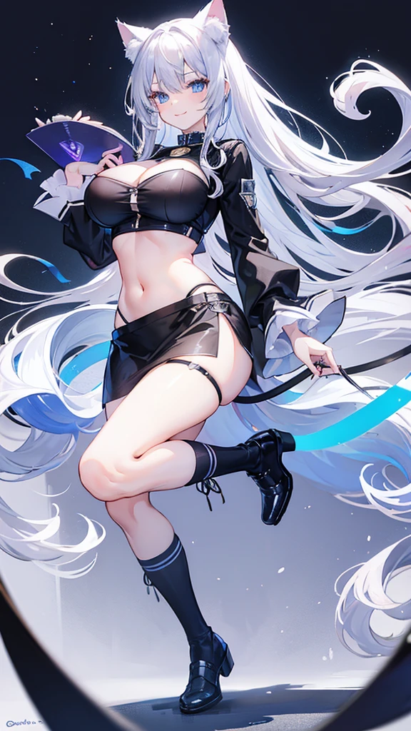 cat ears, slightly approximate, blue eyes, silver hair, long straight hair, navel, cleavage, Black uniform, leash, very large breasts, cat tail, cute, smile brightly
