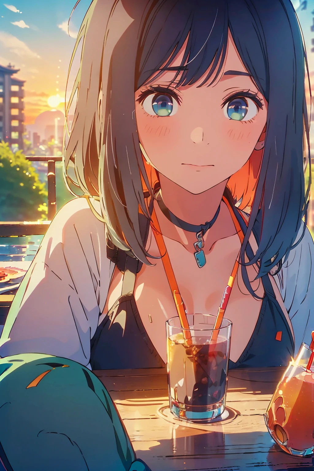 (Highest quality:1.4、masterpiece:1.4、Very detailed:1.4、8K:1.4)、F cup bust、Big Breasts、The body is slim、((((1 person、Surprised expression、sit、In the background you can see the urban buildings of Tokyo.、Looking into the camera、Outdoor cafe terrace、Sunset Beach、Navy hair color、Leaning against a wall、juice、table、sunset、Very cute face))))、((bikini size too small))、Big eyes、((((Shallow depth of field))))