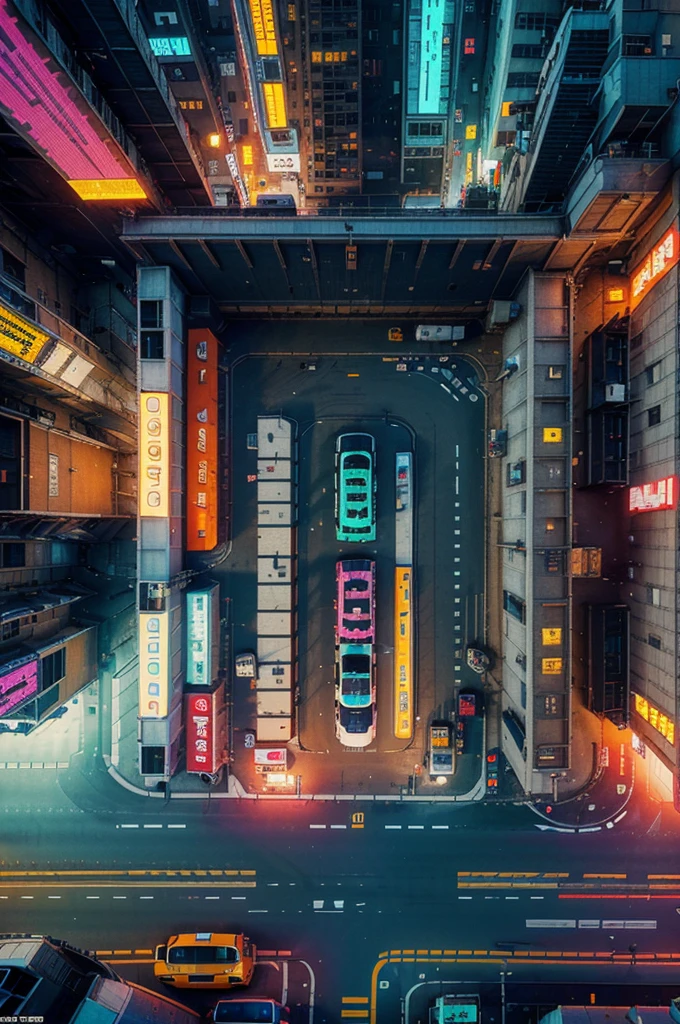 ((Top View: 1.3, Cyberpunk: 1.2, Street: 1.1), 2D Game Style, Pixel Art Style, Transparency, Powerful Colors, Advertising Lights, Roads and Cars Lively, Unique Charm! )