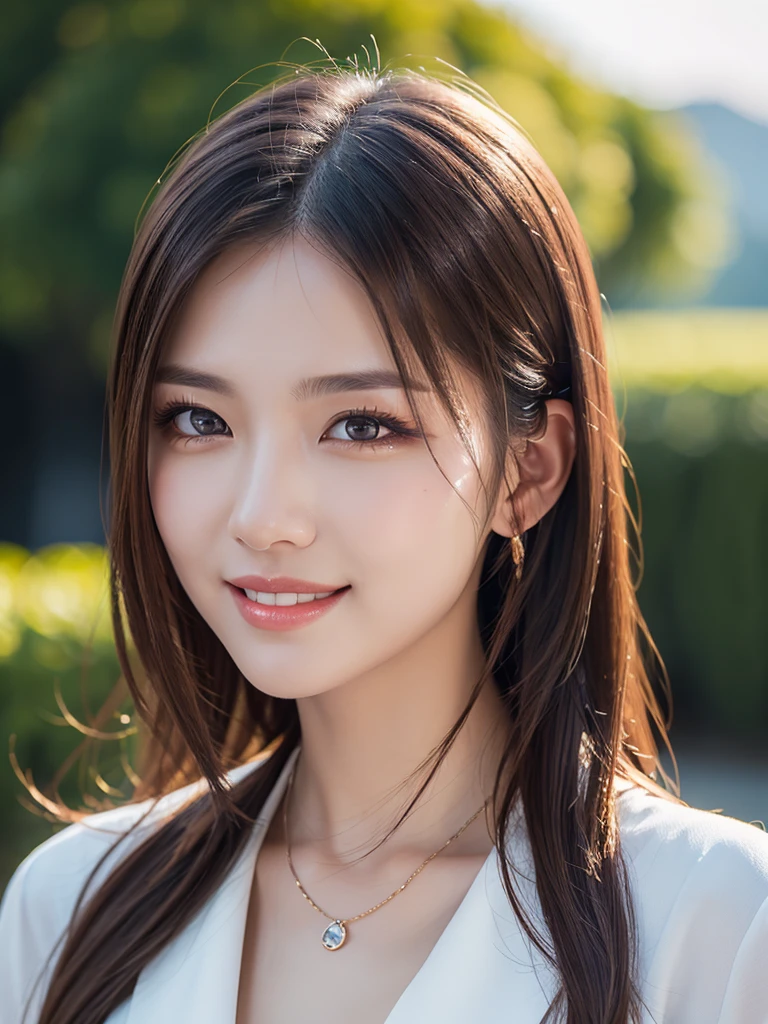 a beautiful young russian woman, detailed face, detailed eyes, full lips, porcelain skin, long chestnut hair, long eyelashes, slender figure, stylish clothing, beautiful landscape, (best quality,4K,8K,highres,masterpiece:1.2),ultra-detailed,(realistic,photorealistic,photo-realistic:1.37),HDR,uhd,studio lighting,ultra-fine painting,sharp focus,physically-based rendering,extreme detail description,professional,vivid colors,bokeh,portraits、smile