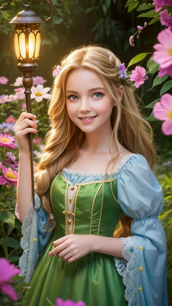 Generate a high-quality, realistic, and adorable image of Rapunzel from Disney's "Tangled." She is standing in a lush, enchanted forest, surrounded by colorful flowers and butterflies. Her long, golden hair is gently flowing in the breeze, and she is holding a small, glowing lantern. Her big, green eyes are filled with wonder, and her smile is bright and joyful. The background is vibrant and detailed, with a magical, fairytale-like atmosphere.