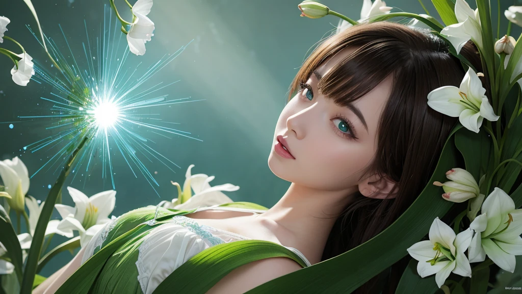 32k, Masterpiece, Highest quality, One girl, Brown Hair, Detailed eyes, flower,Amaryllis, Blue and green style,A dreamy, romantic piece,Pale green, Mysterious Leaves,A playful arrangement,Fantasy,High Contrast,Ink strokes,explosion,Exposure, Impression of blue and green tones,Abstract, Brush strokes,Negative Space, Tyndall effect, White background