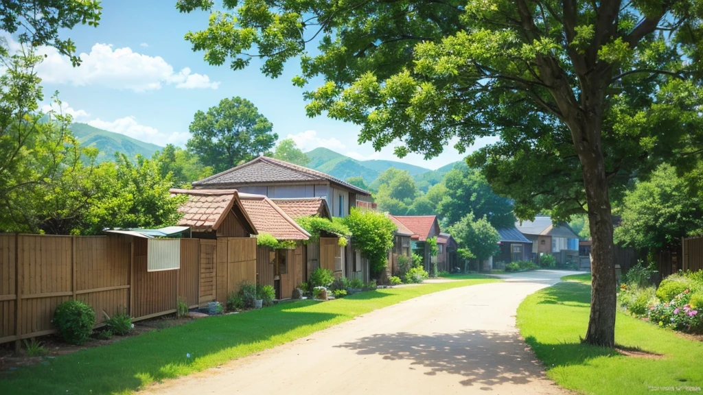 Create a high-quality anime-style image of a serene rural scene. The setting is a peaceful village with a sunny, clear blue sky adorned with fluffy white clouds. The foreground features a quaint yard with a yellow vintage Volkswagen van parked on a stone-paved driveway. The van is well-maintained, and its vibrant color contrasts beautifully with the green surroundings.

The yard is lush with greenery, including tall trees, bushes, and vibrant flowers, adding a touch of life and color to the scene. The red-tiled roofs of nearby houses peek through the foliage, giving a cozy and homely feel. Include details like a wooden fence, a small garden with various plants, and a few birds flying in the sky to enhance the tranquil atmosphere.

Ensure the overall mood of the image is calm and nostalgic, capturing the simplicity and beauty of rural life. Pay attention to the interplay of light and shadow, making the colors pop and adding depth to the scene.