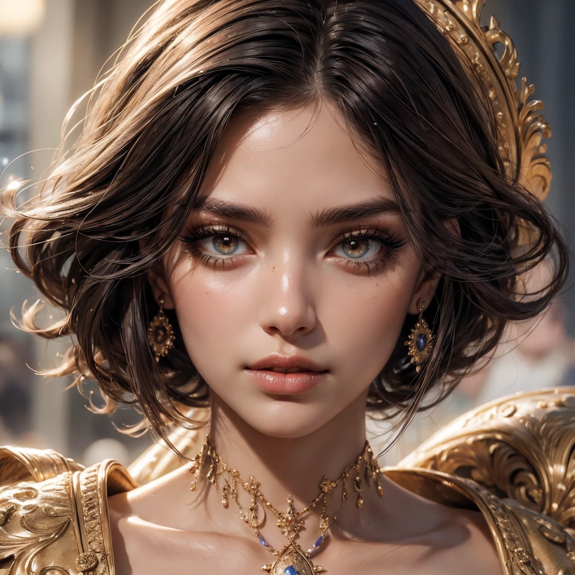 (Masterpiece, Best Quality), Illustration, Ultra-detailed, finely detail, Hight resolution, 8K Wallpaper, Perfect dynamic composition, cinematic lighting, portrait, looking at viewer, Beautiful detailed eyes, Sexy face, Perfect beautiful hands, Raw real photos, beautiful realistic face, beautiful face, perfect face, highly detailed beautiful face and eyes, attractive face, detailed face, delicate facial features, detailed skin, shiny skin, perfect anatomy, highly detailed background, elaborately designed, fine cloth texture, BREAK, (perfect make-up, eyeshadow, lash extensions, lips:1.4)