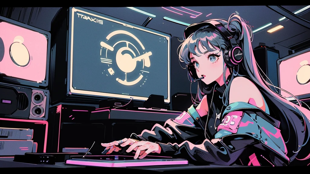 DJ girl in hip-hop fashion wearing a cool headset,Front view , Two large LED-illuminated speakers on each side, Immerse yourself in a neon-lit environment, In front of her is a music mixer and a turntable.、A record is placed on the turntable,ターンテーブルはTechnics SL-1200MK7,