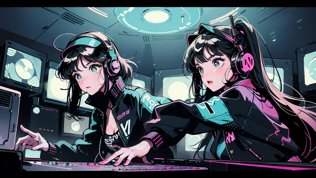 DJ girl in hip-hop fashion wearing a cool headset,Front view , Two large LED-illuminated speakers on each side, Immerse yourself in a neon-lit environment, In front of her is a music mixer and a turntable.、A record is placed on the turntable,ターンテーブルはTechnics SL-1200MK7,