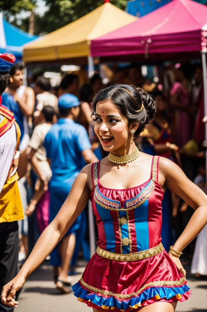 A girl in a fancy dress dances to a song at a city festival
