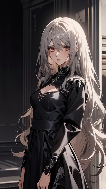 (Confused, High resolution, Very detailed), 1 female, Silver Hair,Long Hair,Reddish brown eyes,Black long dress,Formal Wear,20th generation,Beautiful woman,talk,thin,quiet,Small breasts,Calm, venue,Black long sleeve dress