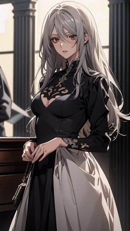 (Confused, High resolution, Very detailed), 1 female, Silver Hair,Long Hair,Reddish brown eyes,Black long dress,Formal Wear,20th generation,Beautiful woman,talk,thin,quiet,Small breasts,Calm, venue,Black long sleeve dress