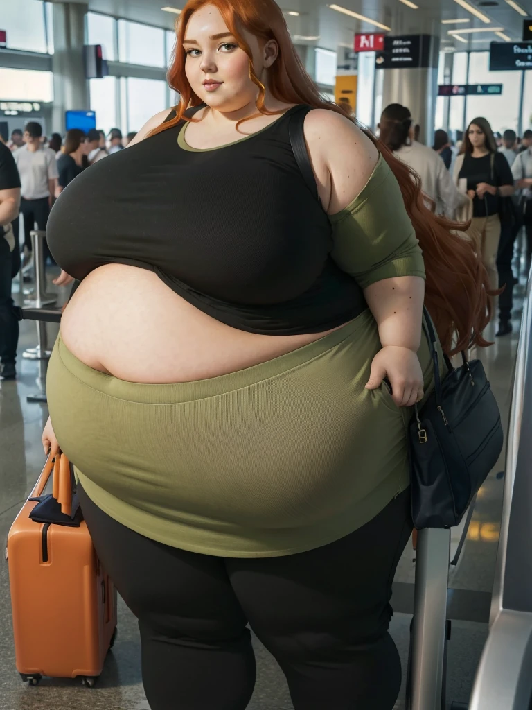 A plane passenger detailed photo of a Beautiful ginger SSBBW, with long wavy ginger hair, with big soft fat belly, thicc fat arms, thicc wide legs, big breast, in a cute green top tucked in her pants, and black pants, at airport waiting for the plane with a big bag