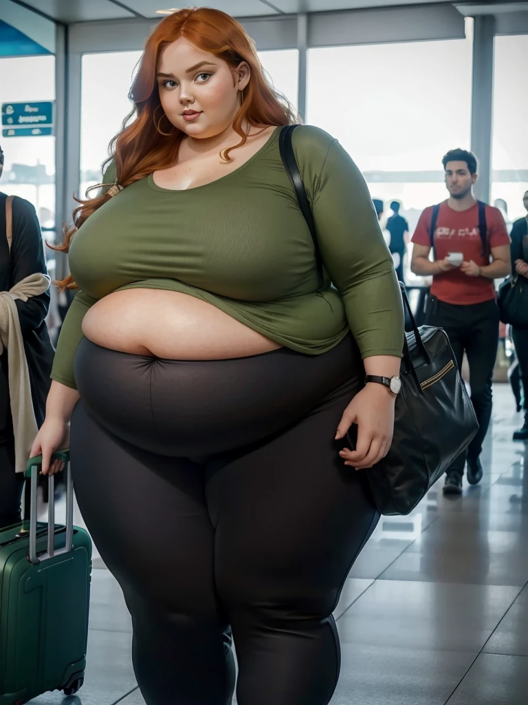 A plane passenger detailed photo of a Beautiful ginger SSBBW, with long wavy ginger hair, with big soft fat belly, thicc fat arms, thicc wide legs, big breast, in a cute green top tucked in her pants, and black pants, at airport waiting for the plane with a big bag