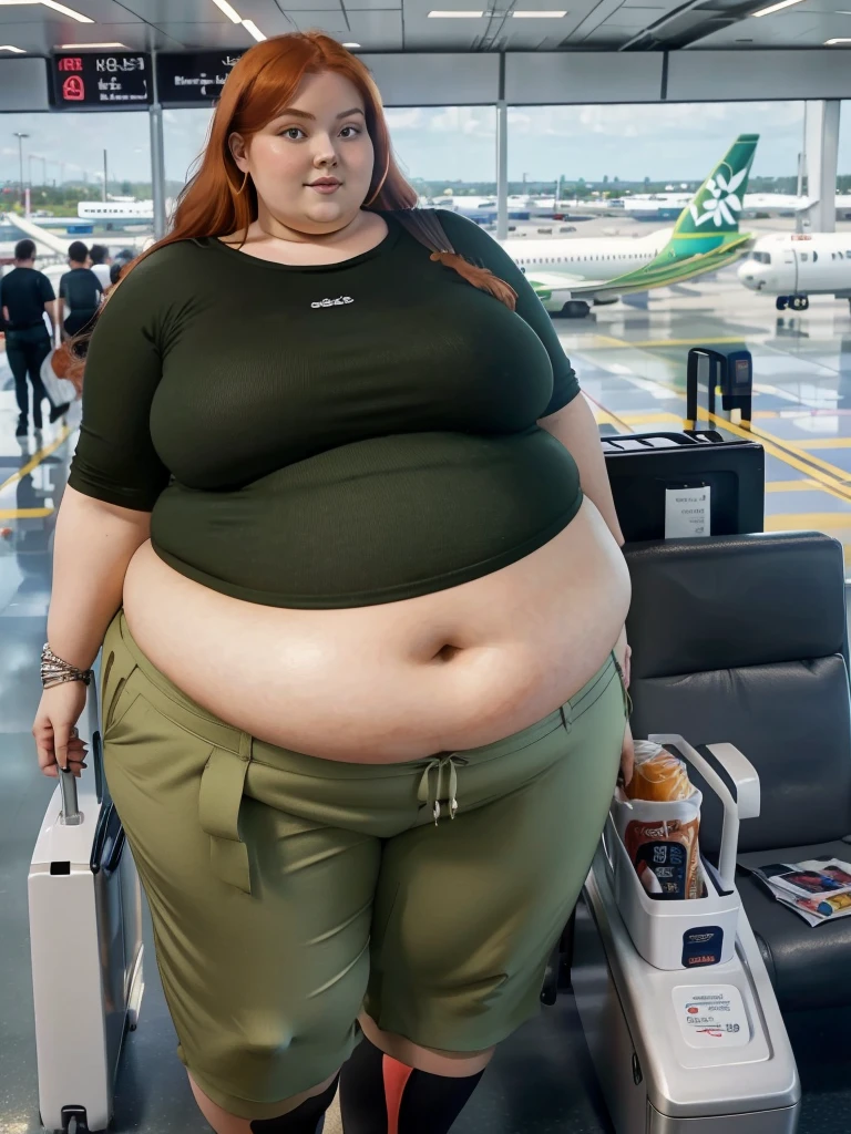 A plane passenger detailed photo of a Beautiful ginger SSBBW, with long wavy ginger hair, with big soft fat belly, thicc fat arms, thicc wide legs, big breast, in a cute green top tucked in her pants, and black pants, at airport waiting for the plane with a big bag