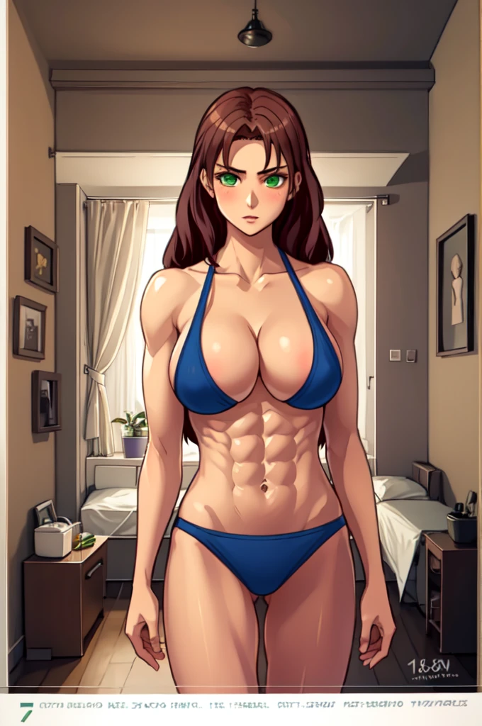 olgdmi, 1girl, solo, long hair, looking at viewer, swimsuit, brown hair, green eyes, tall, big tits, huge breasts, fit, muscular, 8 pack abs, strong oblique abs, best quality, ultra high res, high resolution, detailed, masterpiece, looks feminine 