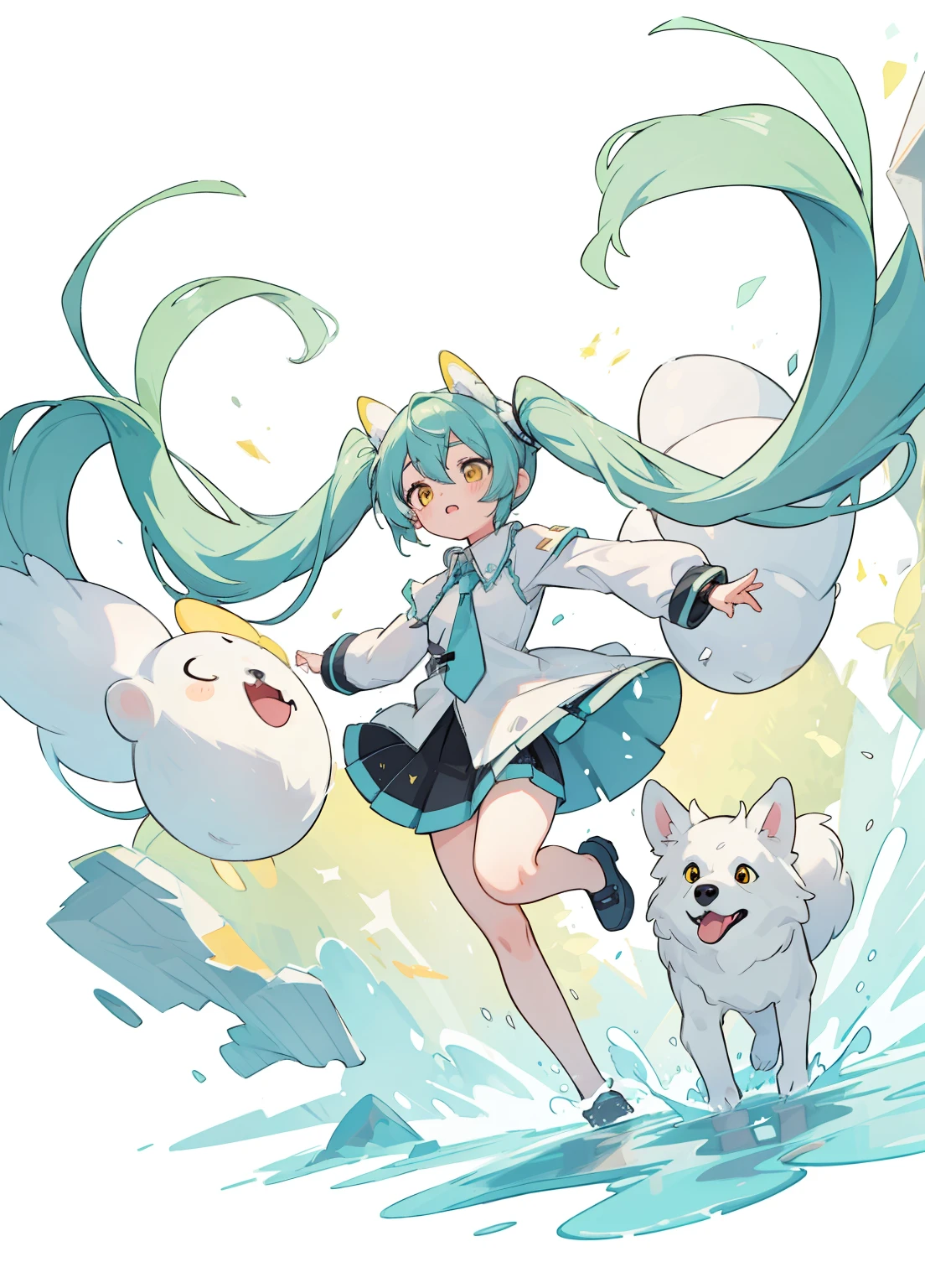 (masterpiece、Highest quality、Highest quality、Official Art、Beautiful and beautiful:1.2)、(One girl:1.3)Hatsune Miku、Twin tails,Beautiful breasts,Actively fly around，Male 10th generation，Silver-haired，Dog ears grow from the head，Long Hair，Wolf Cut，Disheveled Hair，White clothing，Decorative collar，tooth，Yellow Eyes，sharp big eyes，Rampaging figure，battle，Dog&#39;s tail，Fur，nails are long，筋肉のmasterpiece、Disheveled clothes，Highest quality、(Awareness-raising)、boyish、(Gray Hair)、cute、(Fur and white clothes)、Background of Japan Shrine