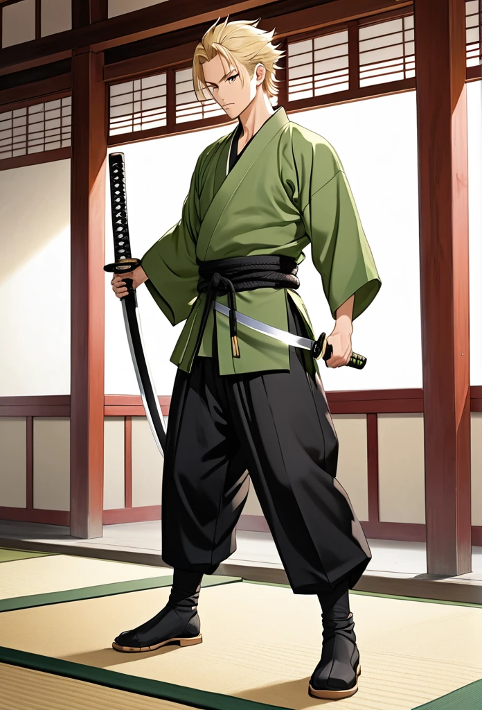 man, blond, brown eyes, short hair, open forehead, no bangs, green kimono, haramaki, katana, black pants
full-length, black boots on his feet 