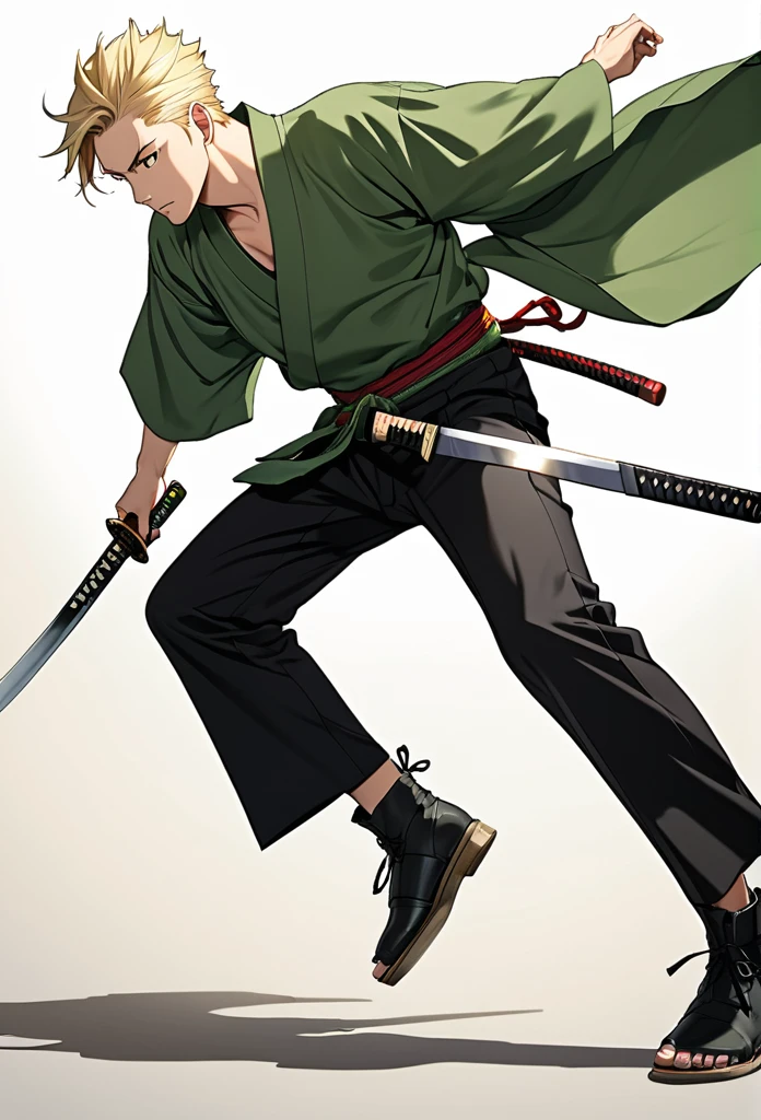 man, blond, brown eyes, short hair, open forehead, no bangs, green kimono, haramaki, katana, black pants
full-length, black boots on his feet 