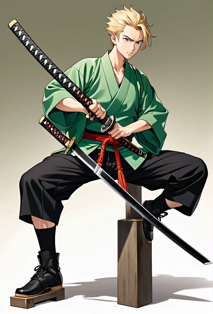 man, blond, brown eyes, short hair, open forehead, no bangs, green kimono, haramaki, katana, black pants
full-length, black boots on his feet
