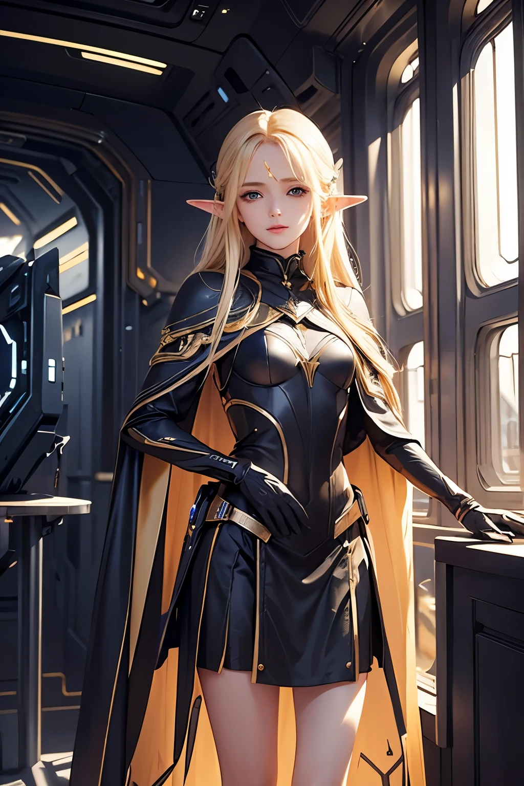 masterpiece,Highest quality,Very detailed,Elf Beautiful Girl,Long blonde hair,Very detailed eyes,Thin legs,Long skirt, underweight,Small breasts,Black sci-fi suit,Cape,Sci-fi spaceship interior