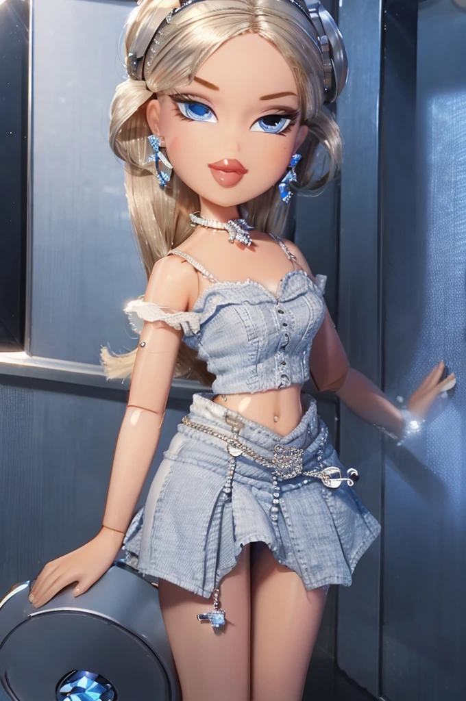 1girl, blue eyes, thick lips, smiling, Diamond earrings, short linen top, short skirt, 4k resolution, Diamond Grillz, BRT2