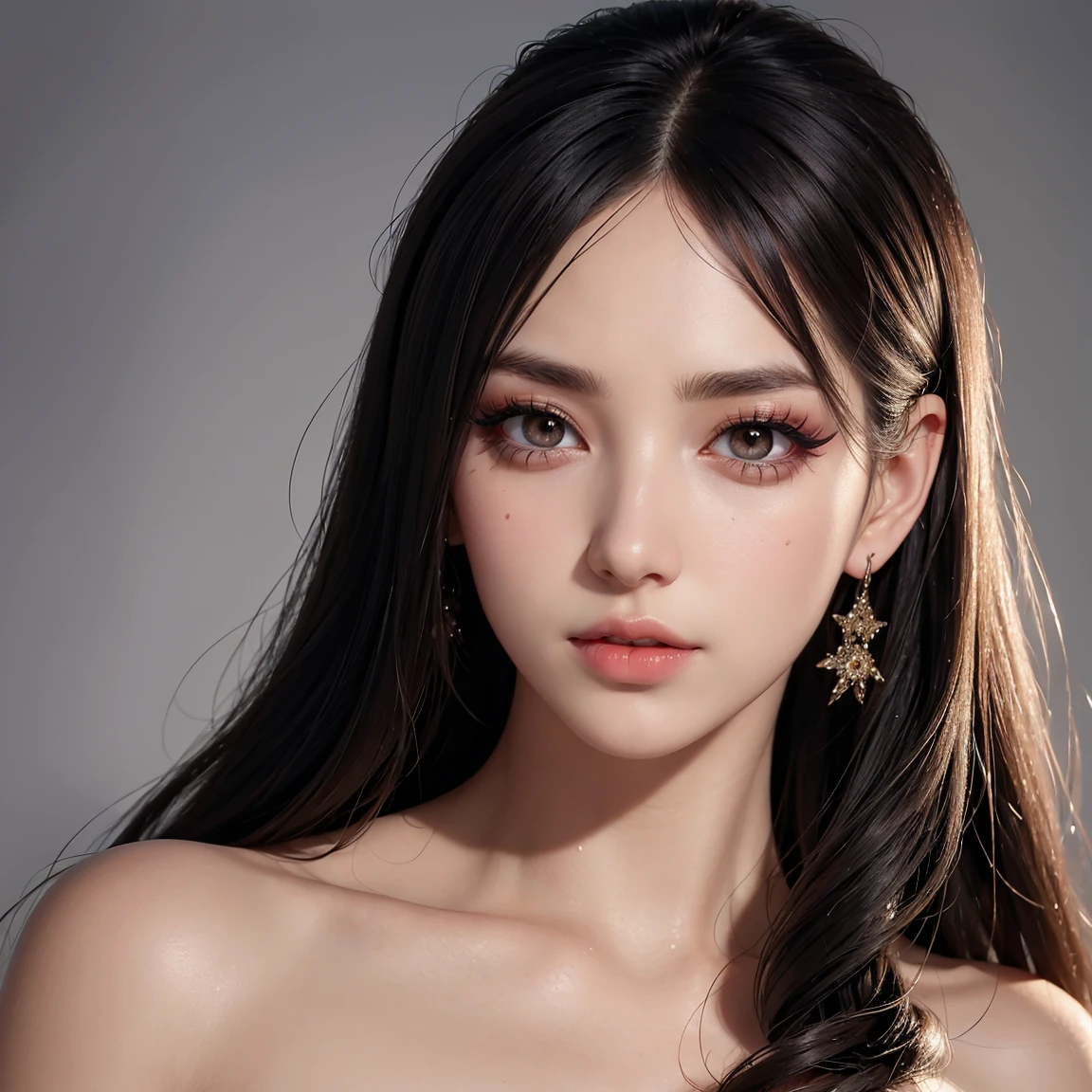 (Masterpiece, Best Quality), Illustration, Ultra-detailed, finely detail, Hight resolution, 8K Wallpaper, Perfect dynamic composition, cinematic lighting, portrait, looking at viewer, Beautiful detailed eyes, Sexy face, Perfect beautiful hands, Raw real photos, beautiful realistic face, beautiful face, perfect face, highly detailed beautiful face and eyes, attractive face, detailed face, delicate facial features, detailed skin, shiny skin, perfect anatomy, highly detailed background, elaborately designed, fine cloth texture, BREAK, (perfect make-up, eyeshadow, lash extensions, lips:1.4)