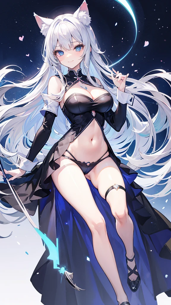 cat ears, slightly approximate, blue eyes, silver hair, long straight hair, navel, cleavage, Black uniform, leash, very large breasts, cat tail, cute, smile brightly
