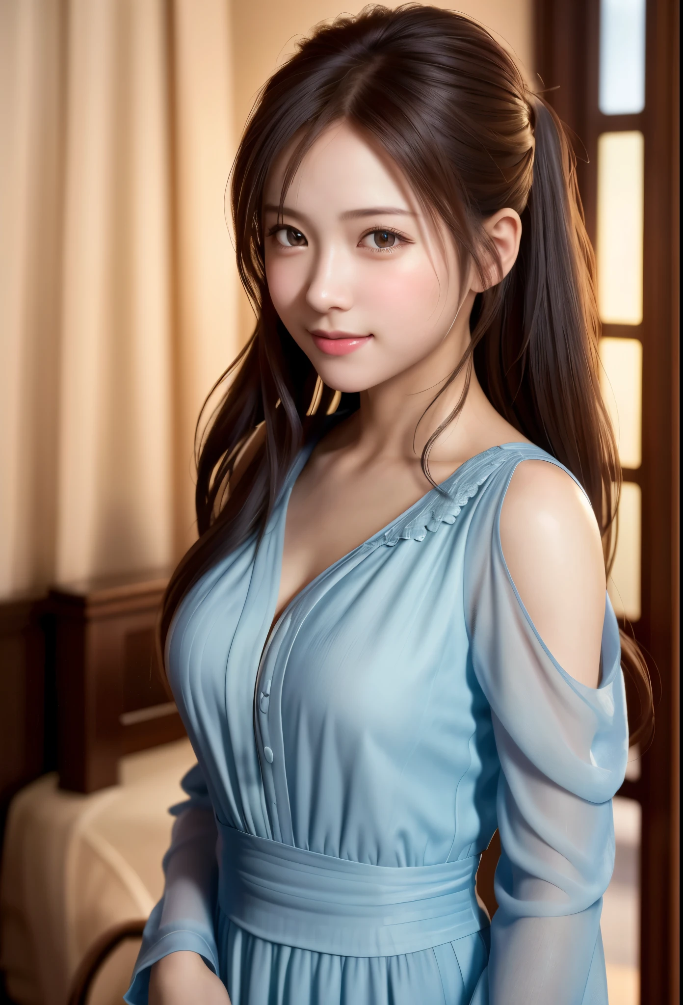 8K, of the highest quality, masutepiece:1.2), (Realistic, Photorealsitic:1.37), of the highest quality, masutepiece, Beautiful young woman, Pensive expression, kindly smile, Cute dress, Hair tied back, Messy mood, Cinematic background, Light skin tone