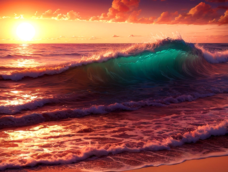 beach waves ,realistic image in the sunset background
