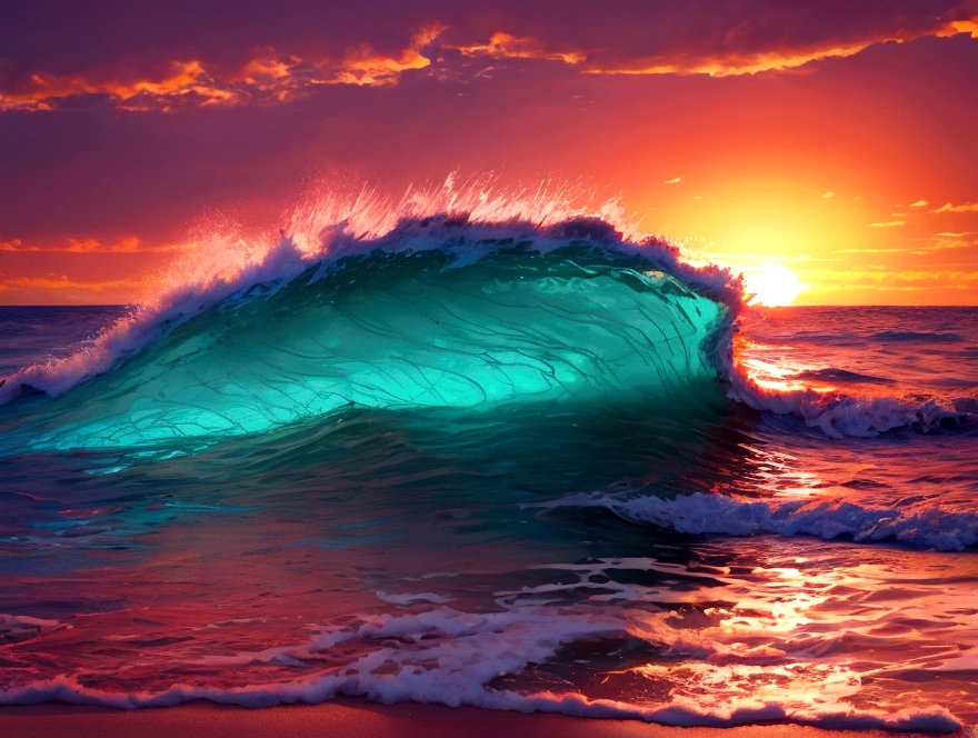 beach waves ,realistic image in the sunset background