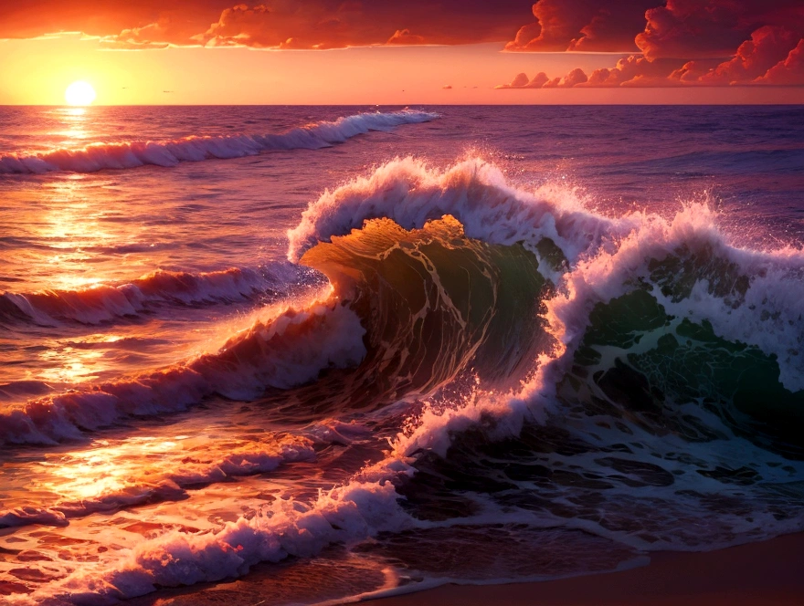 beach waves ,realistic image in the sunset background