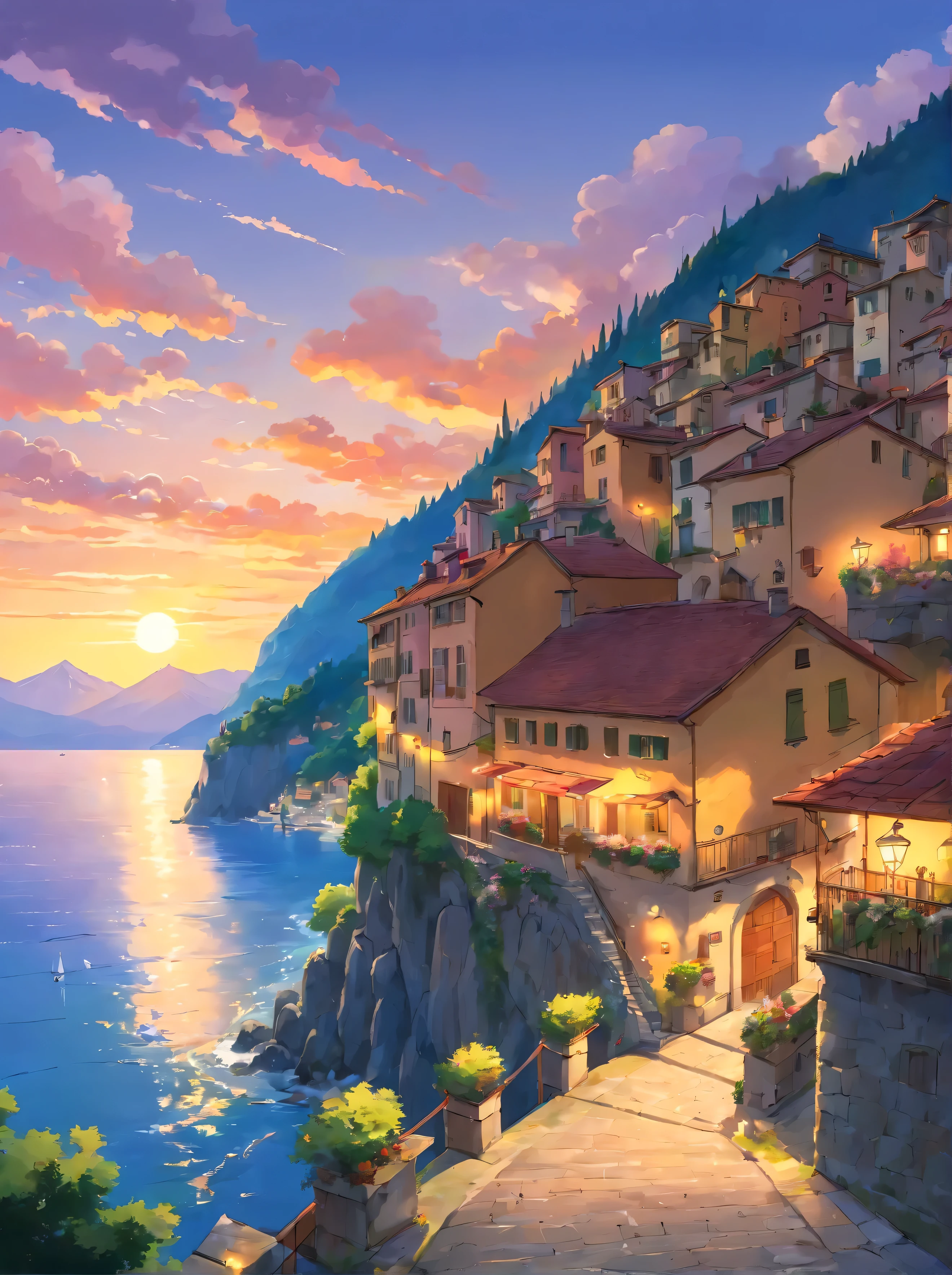 A beautiful and charming Italian village by the shore of lake Cuomo, Italy, sunset, lights on, dramatic lighting