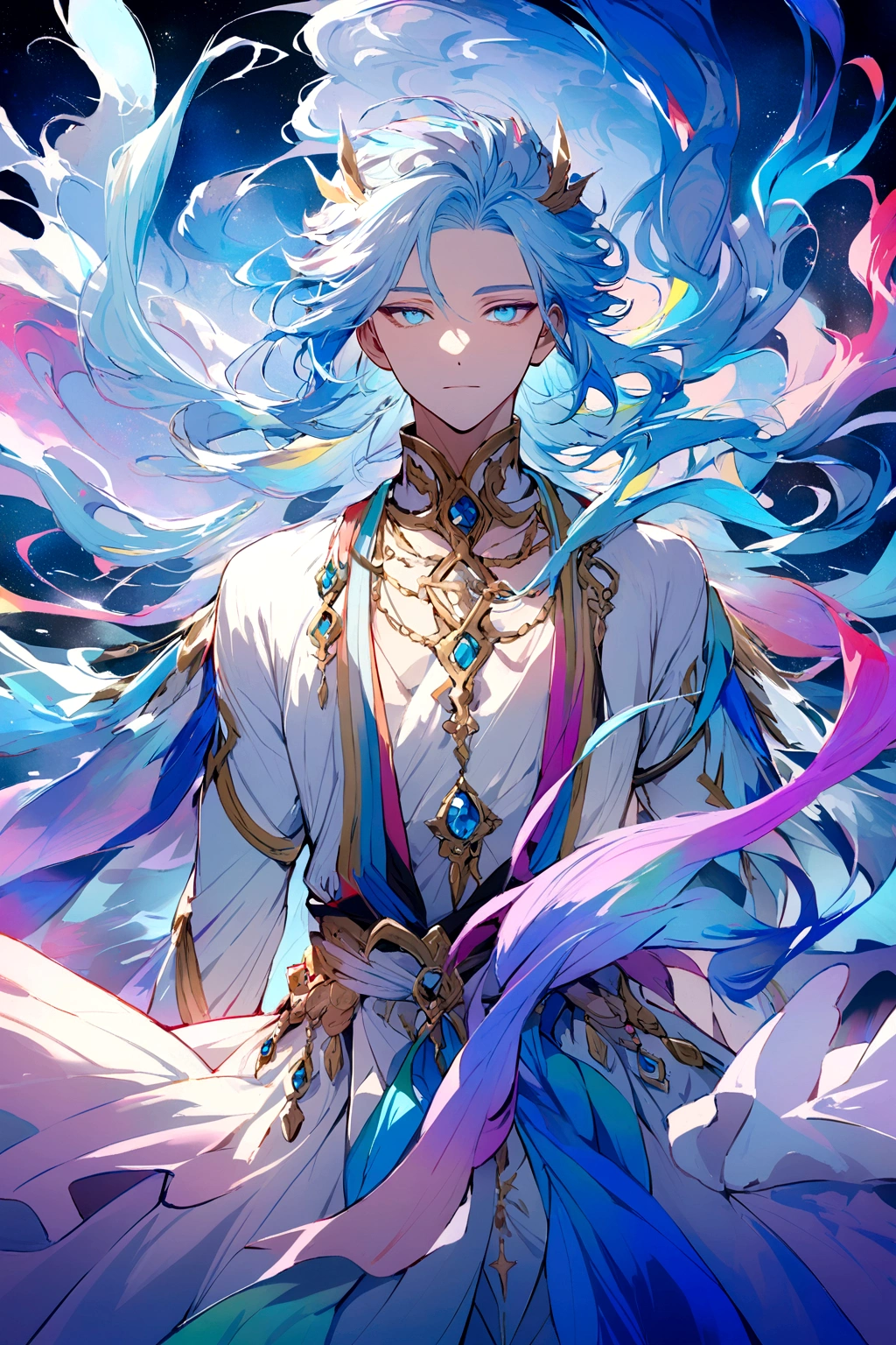 Beautiful male god with long light blue hair and light blue eyes