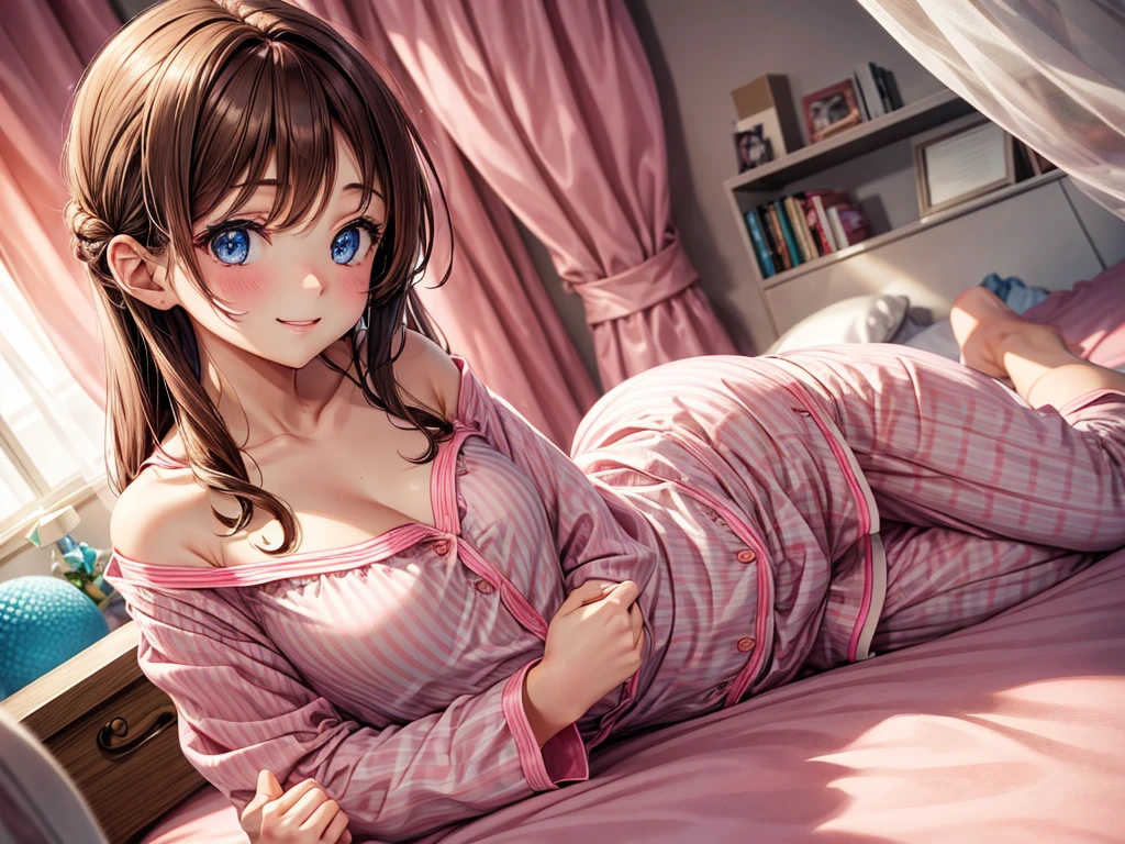 a cute girl, brown hair, blue eyes, (pink pajamas girly), in a girl's room, the pajamas are unbuttoned, she smiles, open shoulders, she has little tits, and nice hips