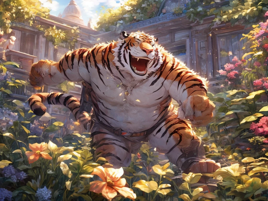 Tiger personification、A happy look、masterpiece、Highest quality、Detailed Background、garden
