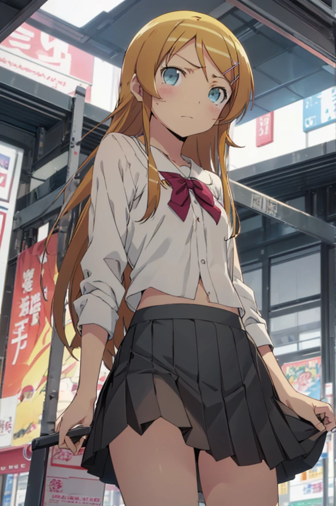alone, One Girl, Show Viewer, 2D, anime, anime coloring,Cowboy Shot, (Perfect body:1.3), kirino kousaka, Seraphim, anger,Watery eye,(From below:1.3),(Skirt flip:1.3), (Grab the skirt:1.3), (Roll-up skirt:1.3)、(Full view:1.3) ,