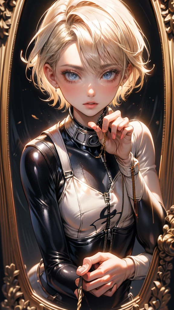 Masterpiece, ((Very beautiful man)), ((High resolution)), detailed, Delicate depiction of hair, Nobody is here, Beautiful Nose, Beautiful Eyes, (Perfect Face) Beautiful short hair, Rubber bodysuit, holding a whip in one hand