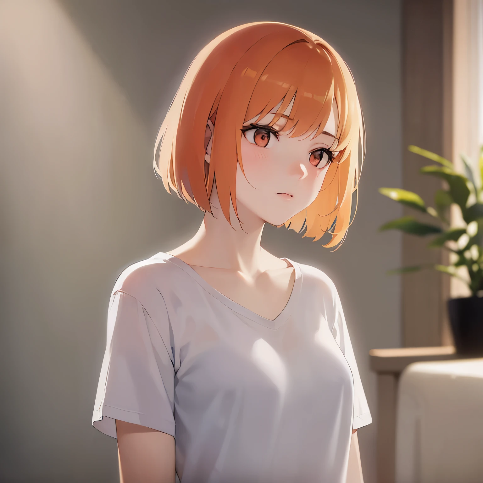 (looking away:1.5),Upper Body, Realistic, real person, (pale skin: 1.2), RAW photo, photorealistic, shiny skin, shiny hair、(A 25-year-old woman with a bob cut and bangs) and (orange hair) and (Orange Eyes) , Wearing a white V-neck T-shirt 、
worried, The background is the living room at night、Alone、Are standing