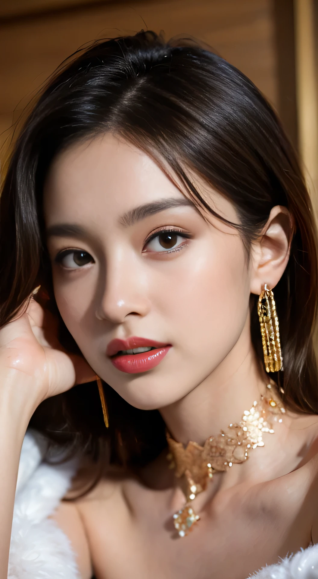 (Best Quality, Masterpiece, Photo realistic, Ultra Detailed, ultra high res, raw:1.perfect body, 1girl, parted lips, red lips, glitter eyeliner:1.4, upper body closeup, bedroom, japanese, 20years old, navel, shiny purple dress, laces, white skin, cute, messy hair, purple choker, ruby necklace, shoulder length luxury earings, looking at the viewer, gold eyes,red hair